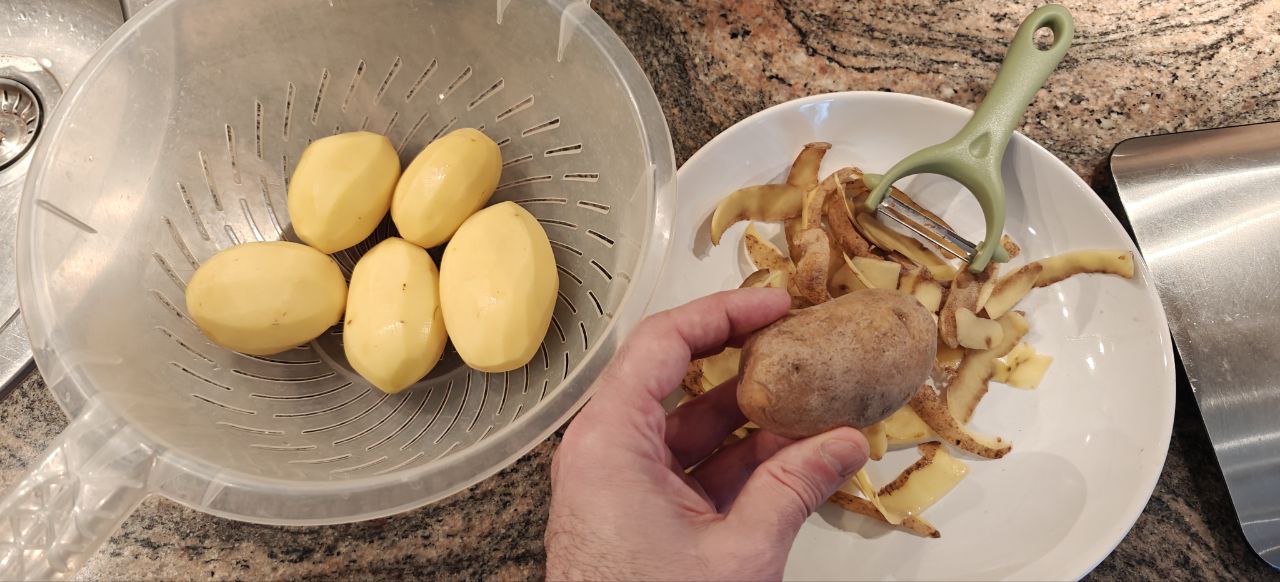 pealing potatoes